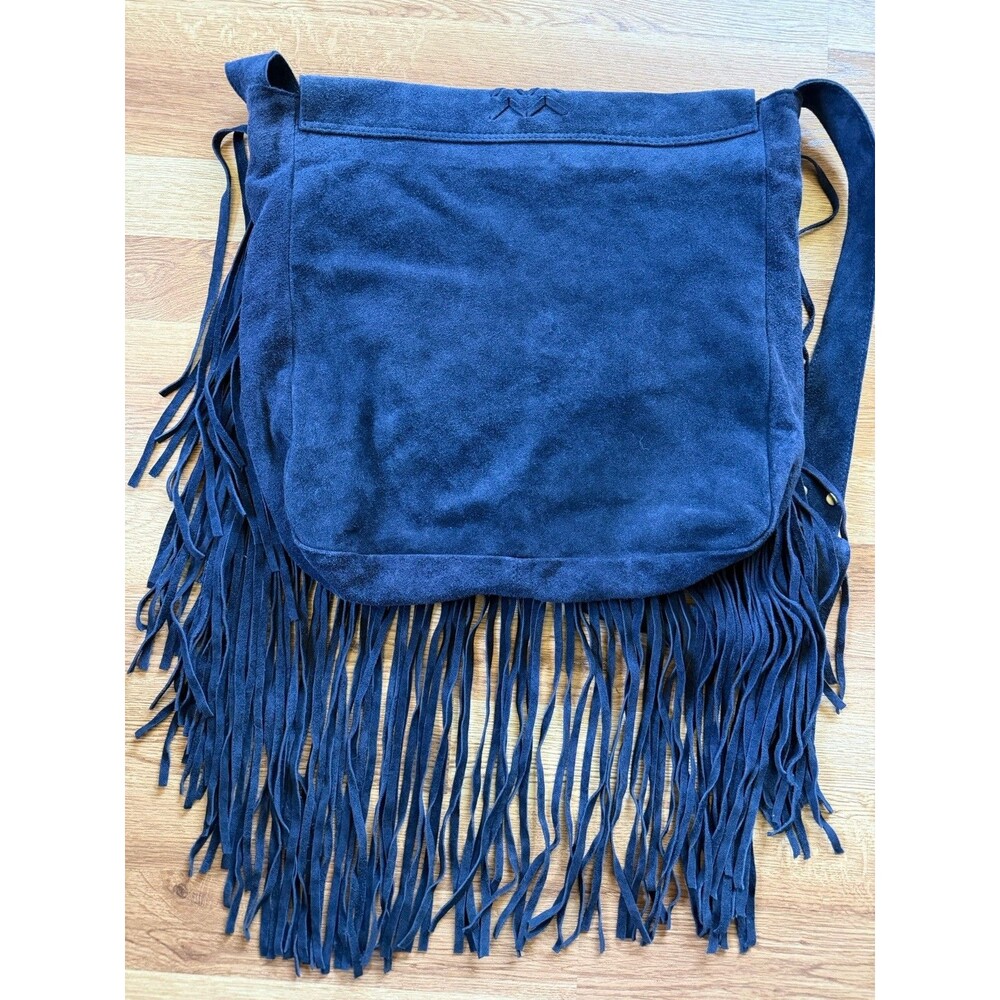 RAJ Anthropologie Genuine Leather Suede Fringe Crossbody Bag Navy Blue Boho - Picture 4 of 9